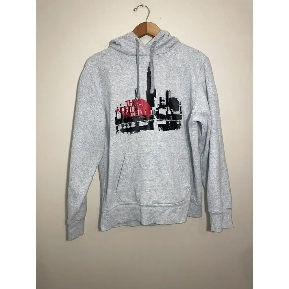 The North Face Hoodie Mens Medium Chicago‎ Skyline Sweatshirt Gray FLAW